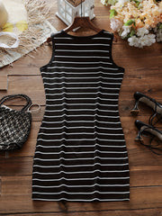 Casual Dress Women's Plus Strips Print Round Neck Slight Stretch Slim