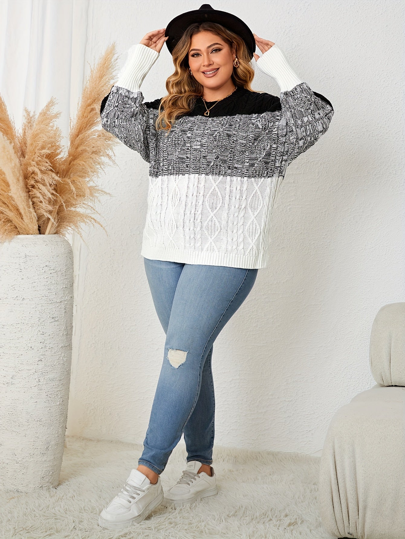 Colorblock Cable Knit Sweater