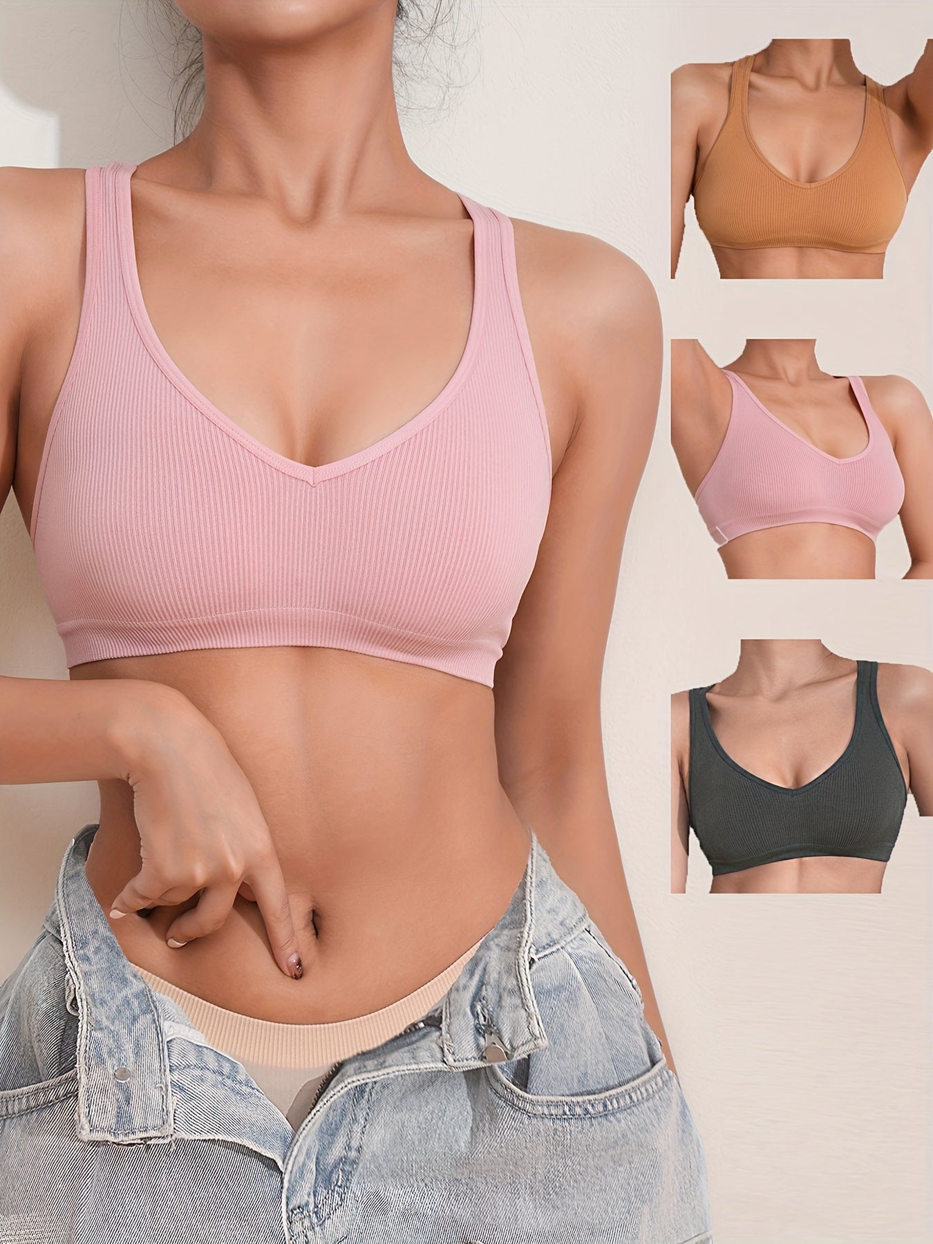3pcs Ribbed Crop Top Sports Top Women's Lingerie
