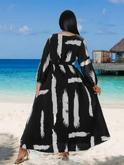 Women's Plus Brush Print Long Sleeve V Neck Maxi Dress With Belt