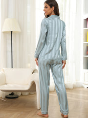 Striped Satin Pajama Set Long Sleeve & Elastic Waistband Pants