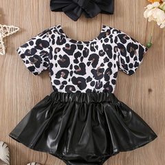 Leopard Print Romper & Faux Leather Skirt Set