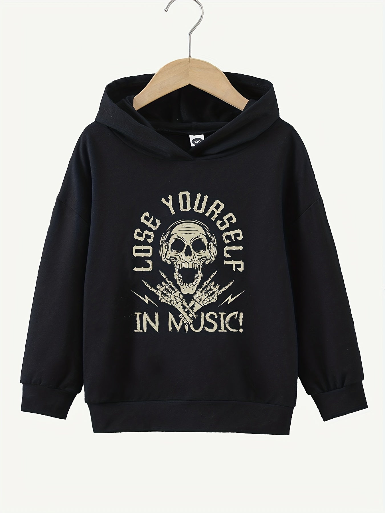 Funny Music Skull Print Boys Casual Pullover Hoodie