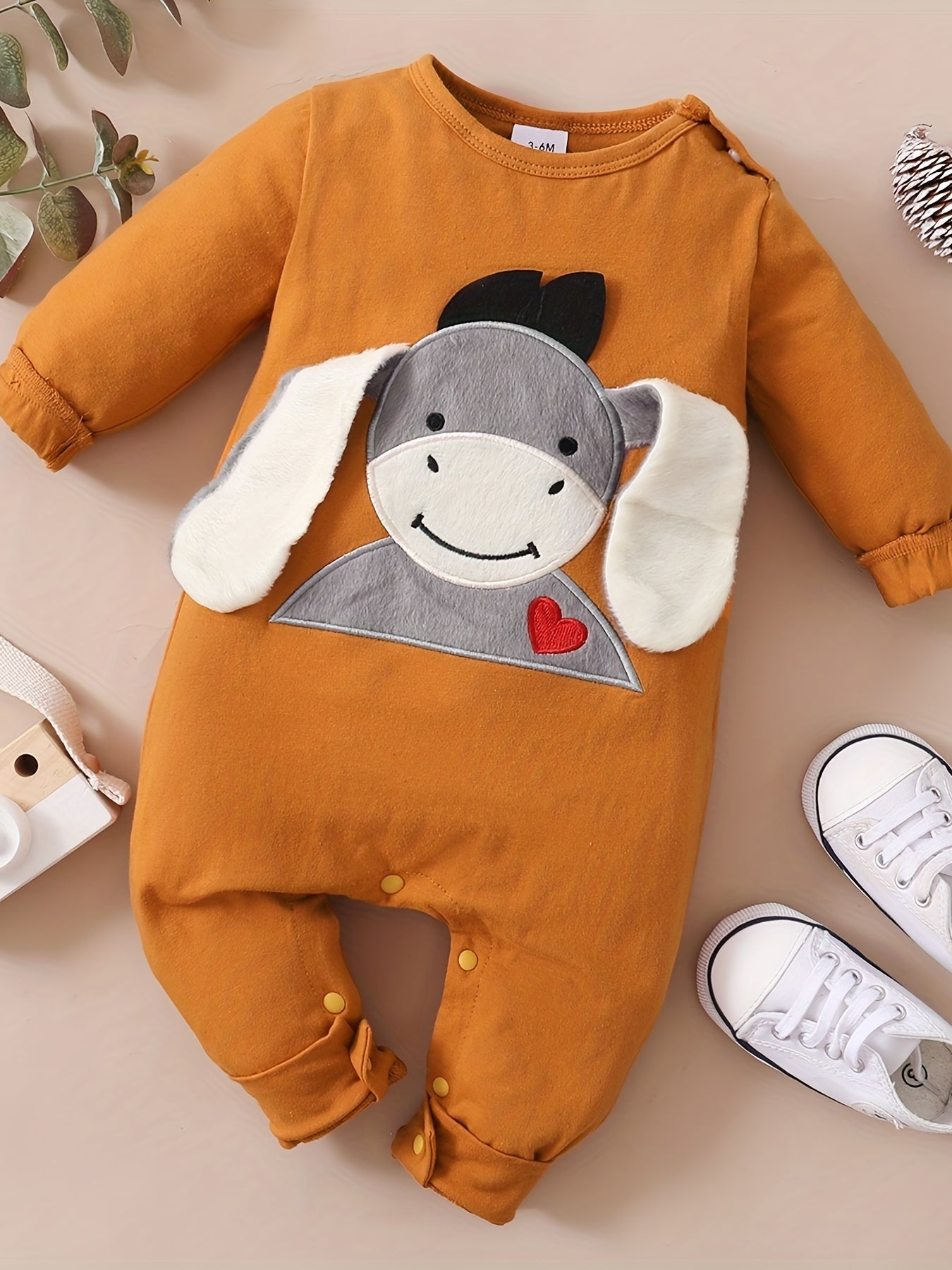 Embroidered Cotton Long Sleeve Jumpsuit With Cute Ears