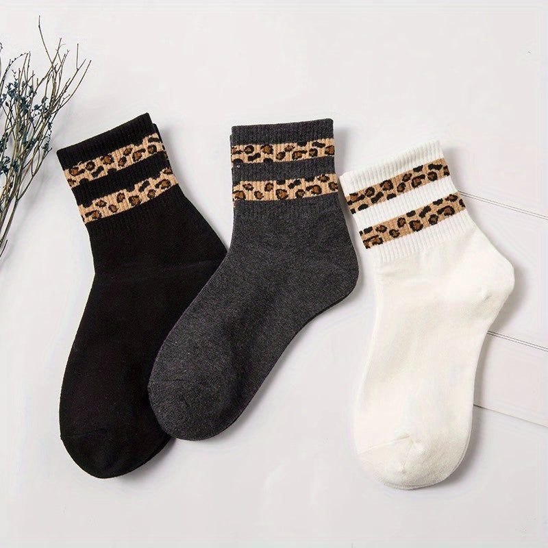 6 Pairs Leopard Stitching Socks Comfy Breathable Mid Tube Women's Stockings