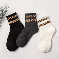 6 Pairs Leopard Stitching Socks Comfy Breathable Mid Tube Women's Stockings