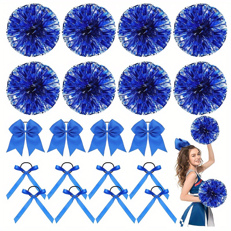 Cheerleader Pom Poms & Hair Bow Set w/ Baton Handle for Dance & Cheering