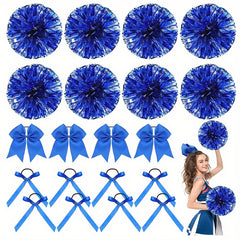 Cheerleader Pom Poms & Hair Bow Set w/ Baton Handle for Dance & Cheering