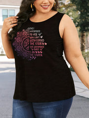 Plus Size Casual Tank Top Women's Plus Slogan & Floral Print Round Neck