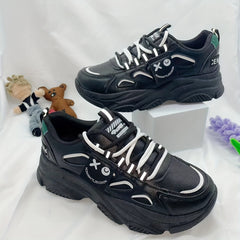 Women's Smiling Face Pattern Chunky Sneakers Lace Up Running Shoes Platform