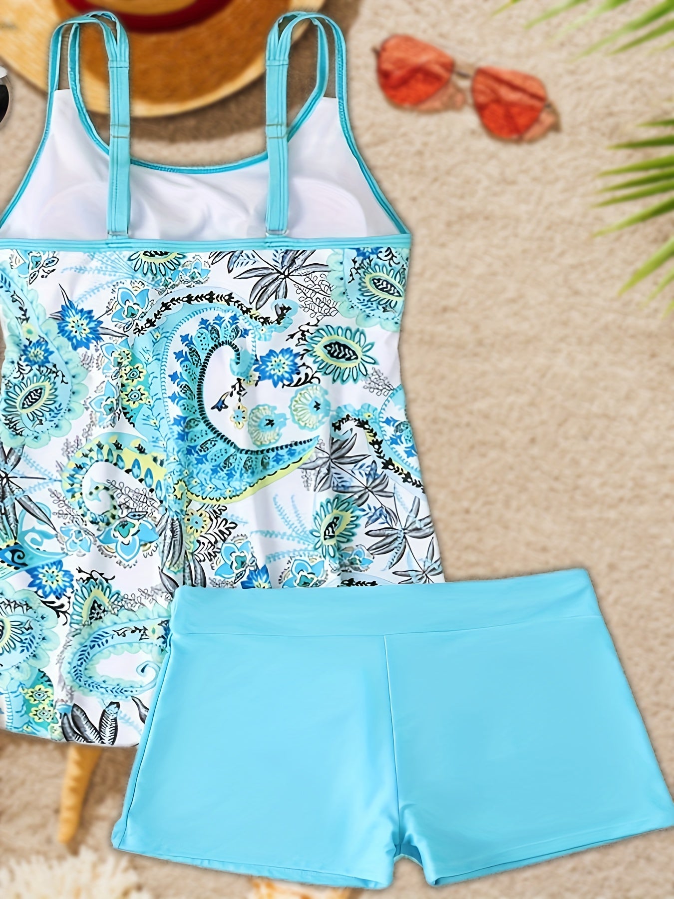 Paisley & Leaf Print Tankini Set with Cami Top & Shorts