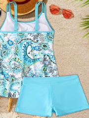 Paisley & Leaf Print Tankini Set with Cami Top & Shorts