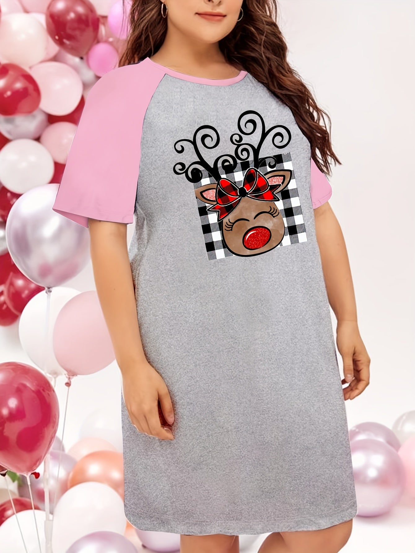 Christmas Nightdress Women's Plaid Elk Raglan Sleeve Tee Sleep Dress