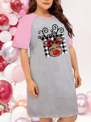 Christmas Nightdress Women's Plaid Elk Raglan Sleeve Tee Sleep Dress