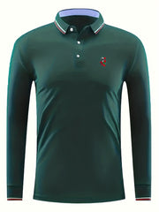Skull & Rose Print Men's Lapel Polo Shirt Long Sleeve Top