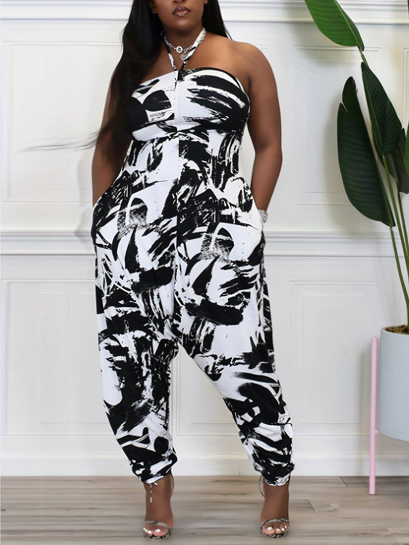 Graffiti Print Halter Neck Jumpsuit With Pockets