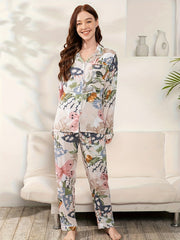 Floral Print Pajama Set Long Sleeve Button Up Top & Elastic Waistband Pants