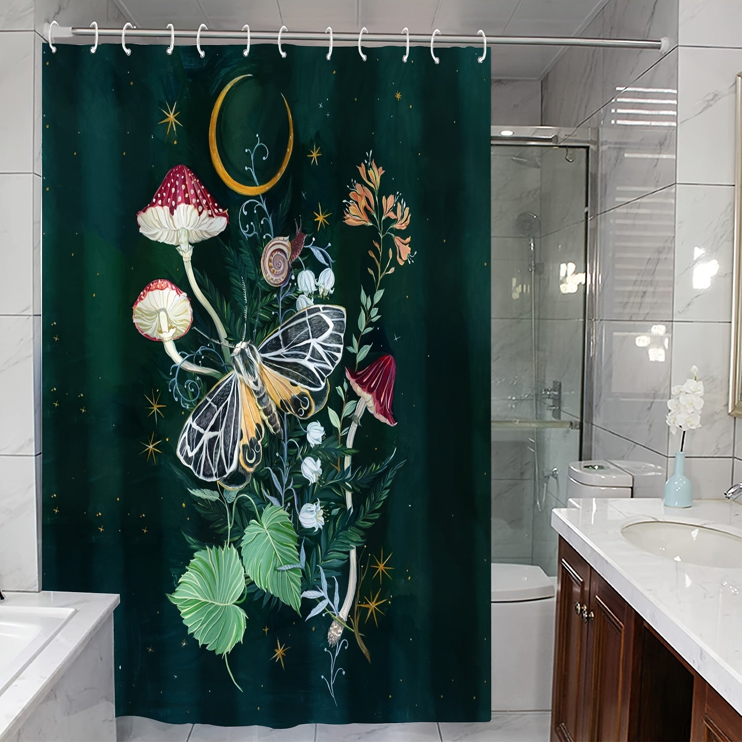 Waterproof Shower Curtain Mushroom Butterfly Print 72x72