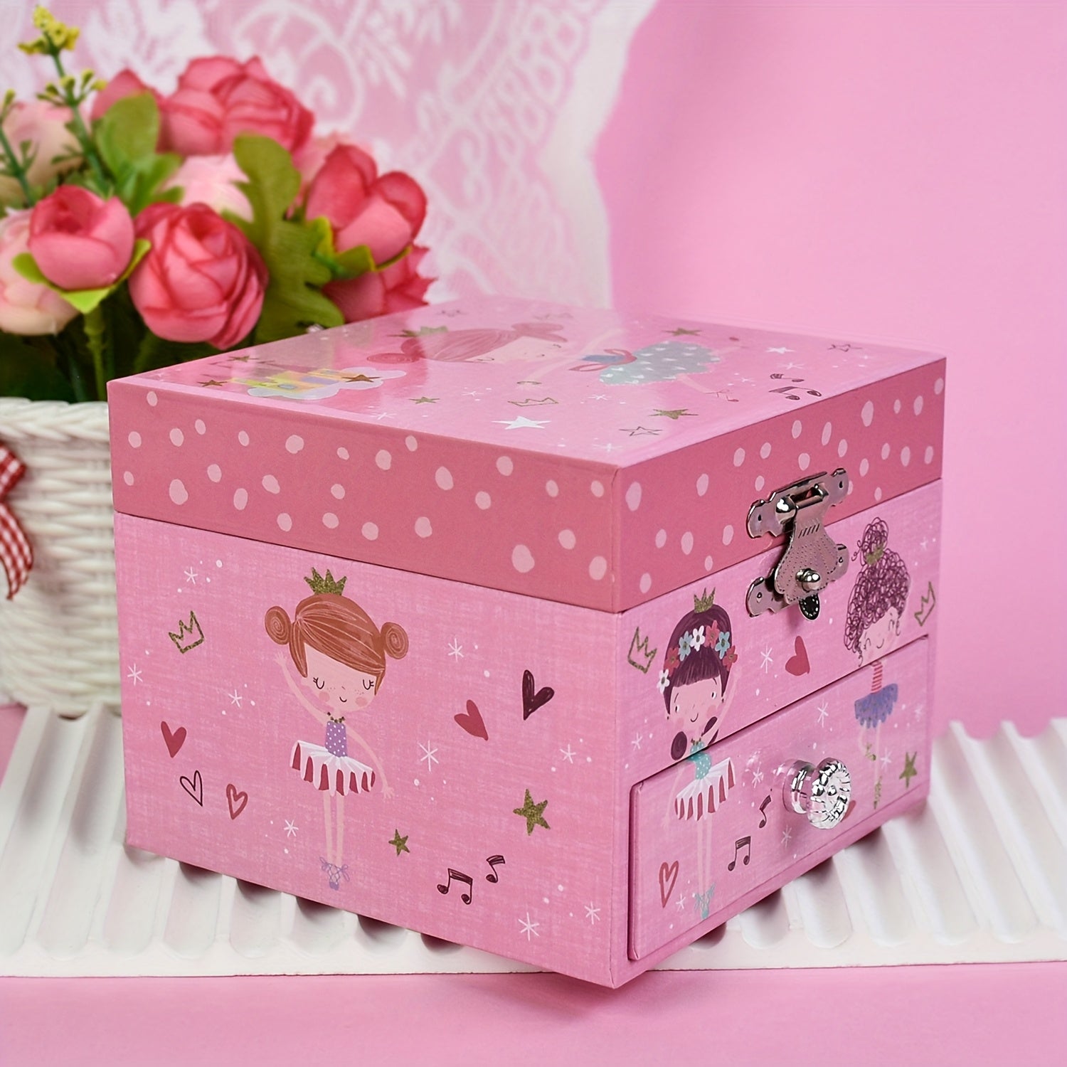 Floral Pink Ballerina Music Box with Mirror
