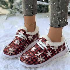 Women's Snow Boots Snowflakes & Plaid Print Plush Warm Lace-up Winter Christmas