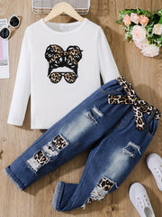 3pc Kid Girl Figure Print Long Sleeve Tee & Belted Ripped Denim Jeans Set