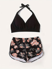 Sporty Plus Size Bikini Set: Solid Halter Bra & Floral Print Shorts