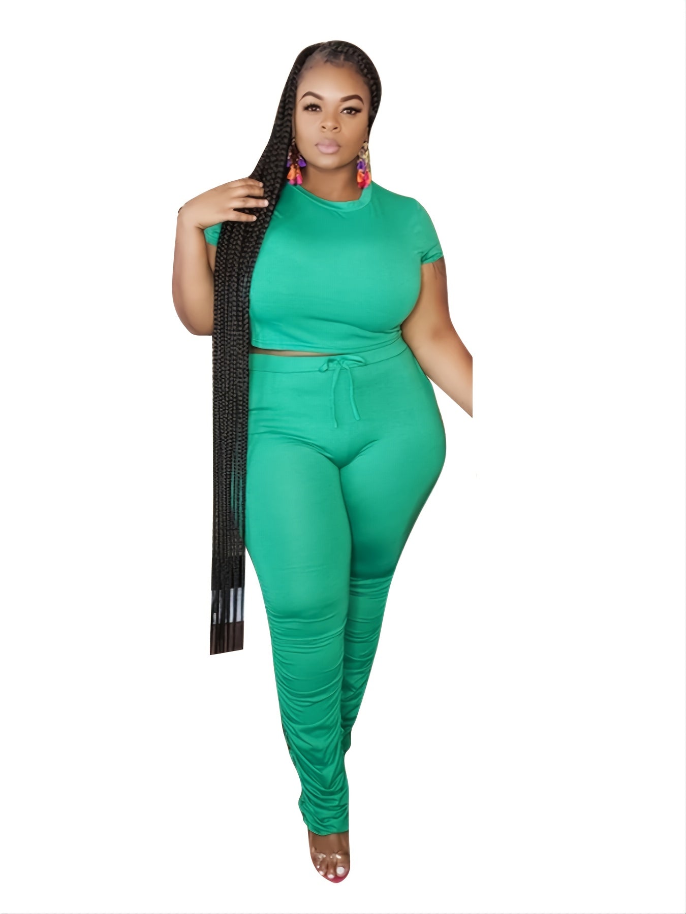 Solid Crop Top & High Waist Pant Set Women's Plus Casual Co ords