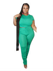 Solid Crop Top & High Waist Pant Set Women's Plus Casual Co ords