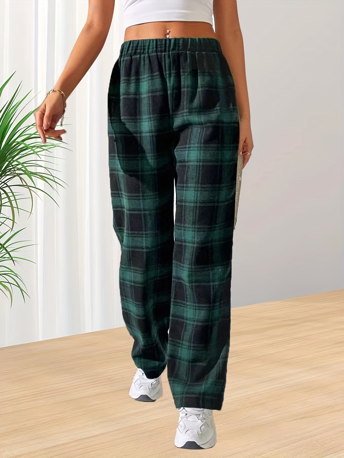 Plaid Print Straight Leg Pants Elastic Waist Casual Pants