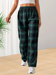 Plaid Print Straight Leg Pants Elastic Waist Casual Pants