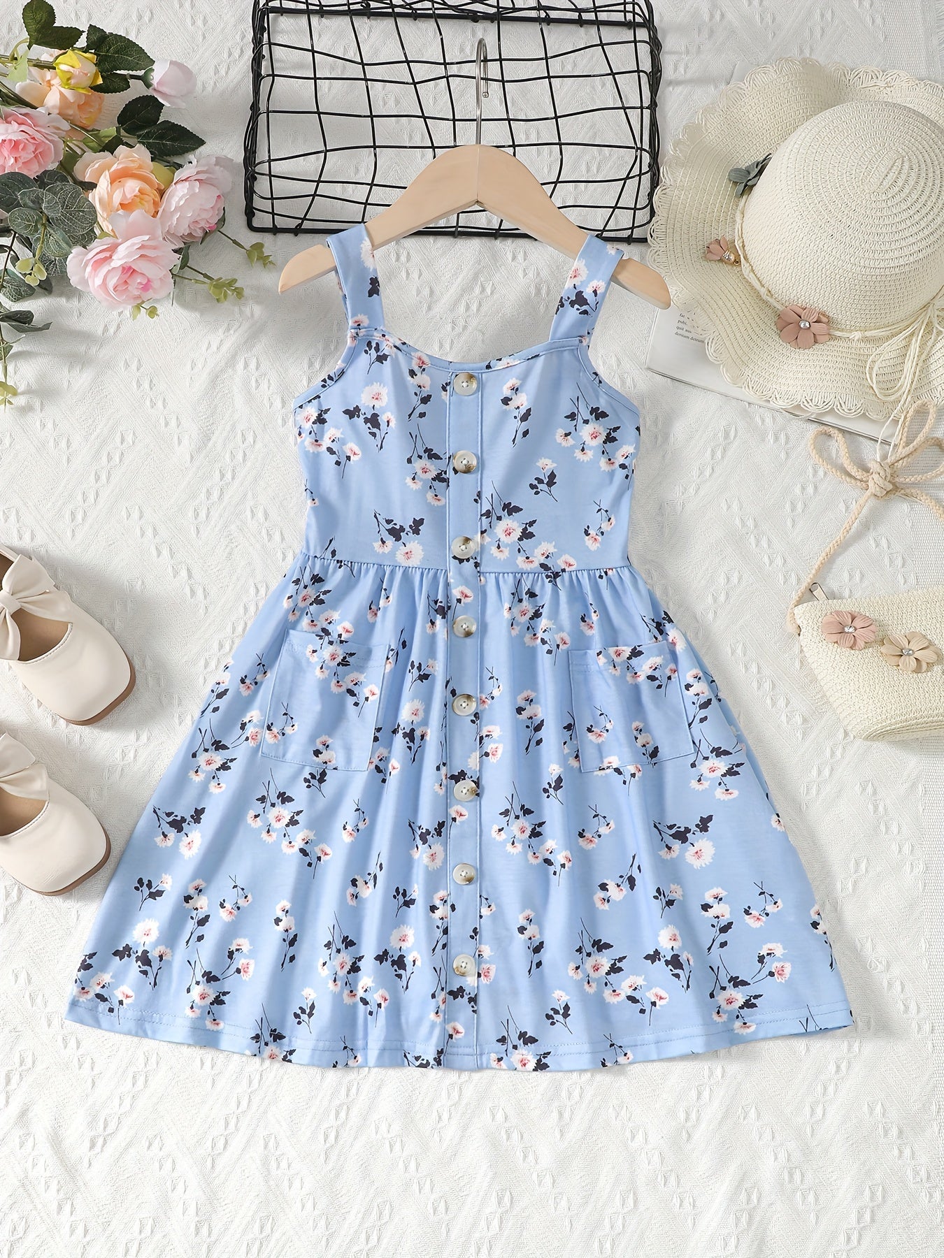 Girls Striped Button Front Summer Cami Dress with Pockets