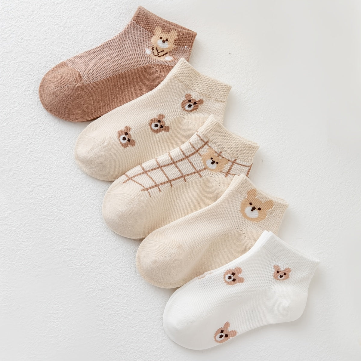 5 Pairs Kids Bear Print Ankle Socks for Girls and Boys