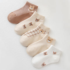 5 Pairs Kids Bear Print Ankle Socks for Girls and Boys