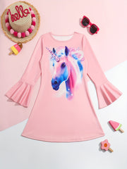 Dreamy Unicorn Graphic Crew Neck Long Sleeve Dress For Girls