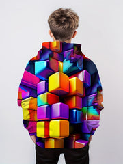Rainbow Cube Pattern Hoodie For Kids Long Sleeve Top