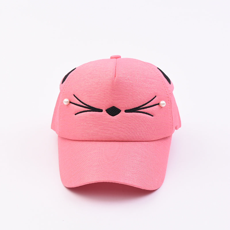 Girls Cat Embroidery Baseball Cap with Pearls Sun Protection Sunshade Hat