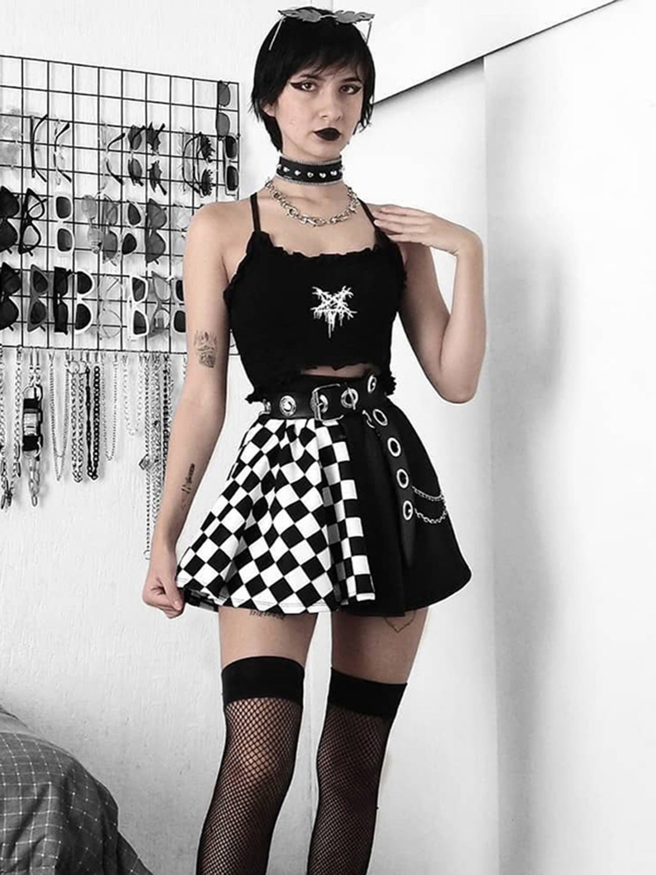 Goth Mini Skirt Half Checkered Print Short Skirt Without Belt
