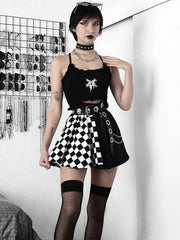 Goth Mini Skirt Half Checkered Print Short Skirt Without Belt
