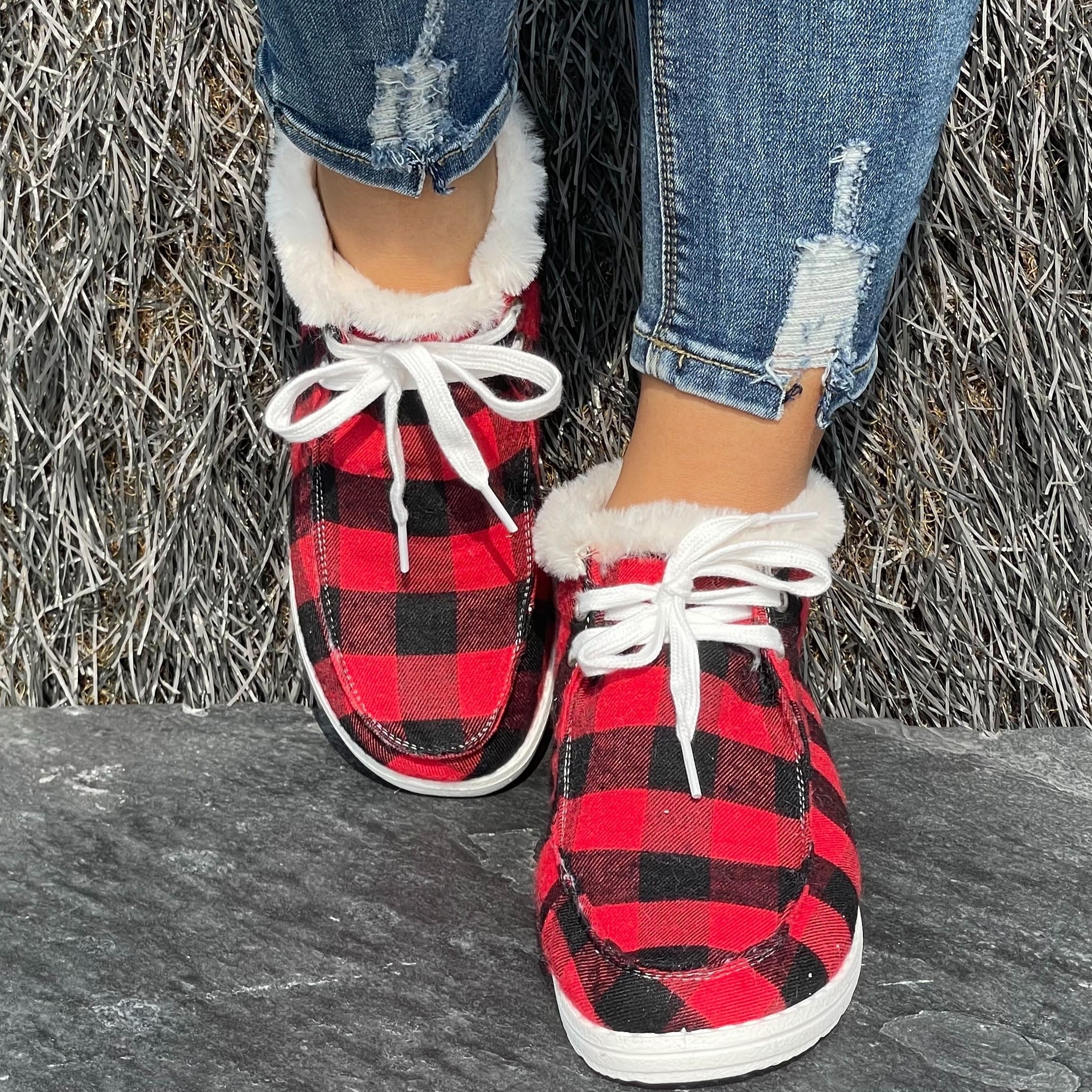 Women's Red & Plaid Snow Boots Flat Comfortable Fur Insoles