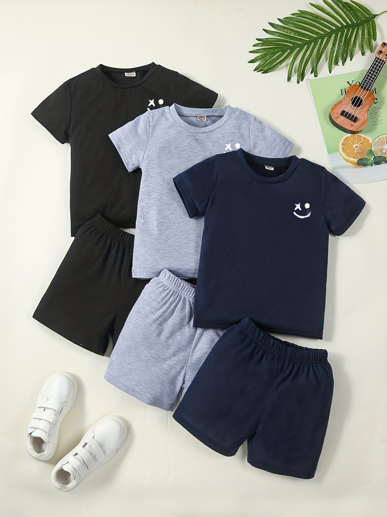 3pc Boys Short Sleeve T shirt & Shorts 2pc Smile Print Casual Kids Clothes