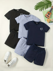 3pc Boys Short Sleeve T shirt & Shorts 2pc Smile Print Casual Kids Clothes