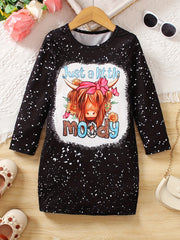 Stylish Cow Head Graphic Long Sleeve Dress For Girls