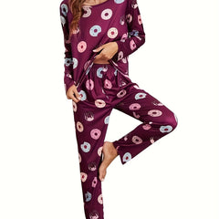 Donut Print Pajama Set Long Sleeve Top & Pants Women's Sleepwear