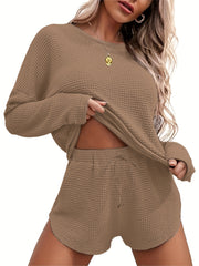 Solid Casual Two piece Set Long Sleeve Top & Drawstring Shorts Outfits