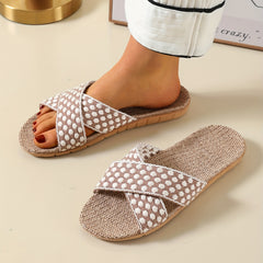 Women's Linen Flat Slides Cross Strap Floral Non Slip Shoes