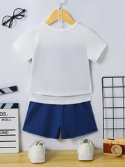 Boys 2pcs T shirt & Shorts Set Stripe Block Print Elastic Waist Crew Neck