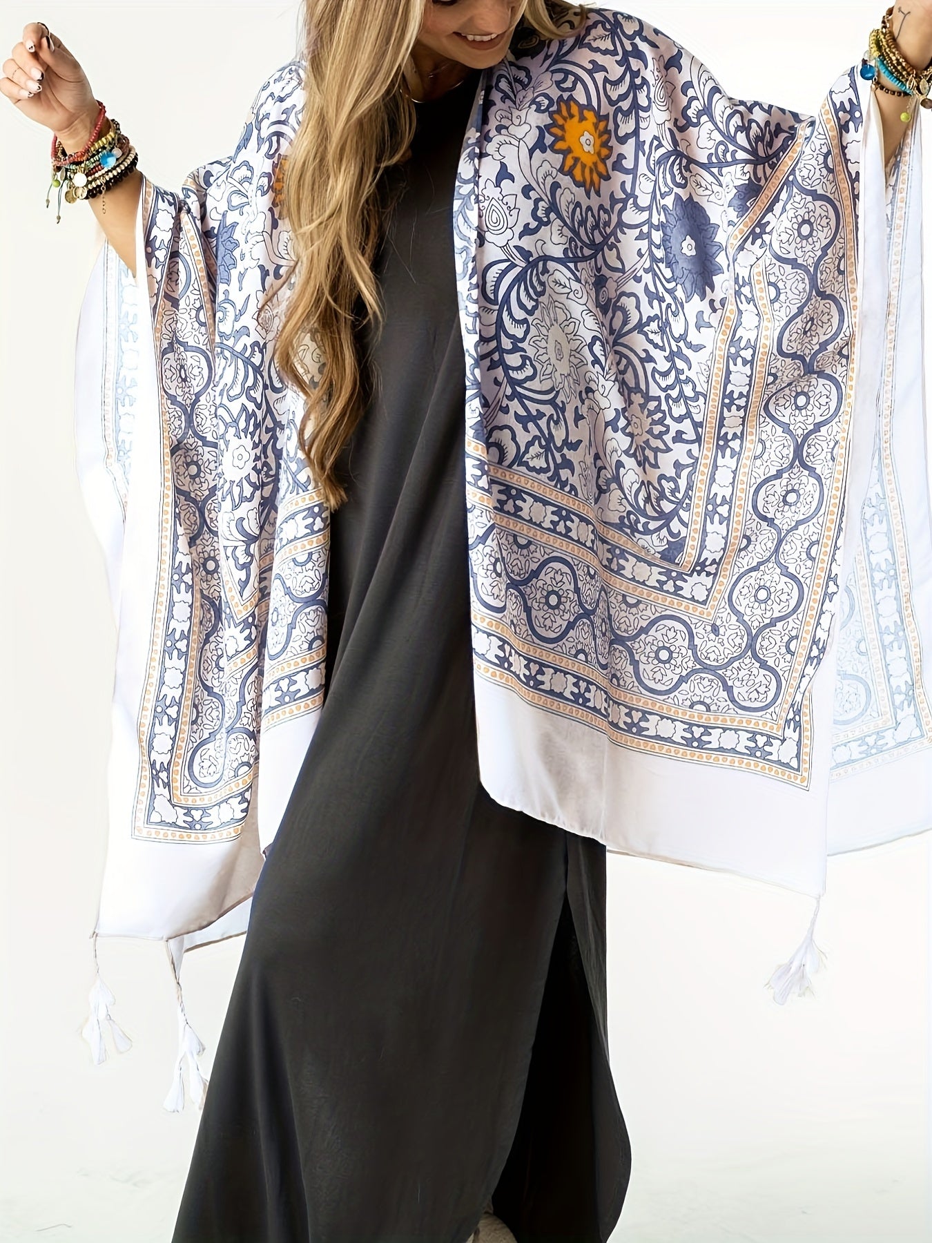Floral Print Bat Sleeve Tassel Cover Up Cardigan