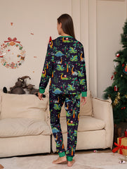 Dino Print Pajama Set Long Sleeve Crew Neck Top & Pants Women's Sleepwear