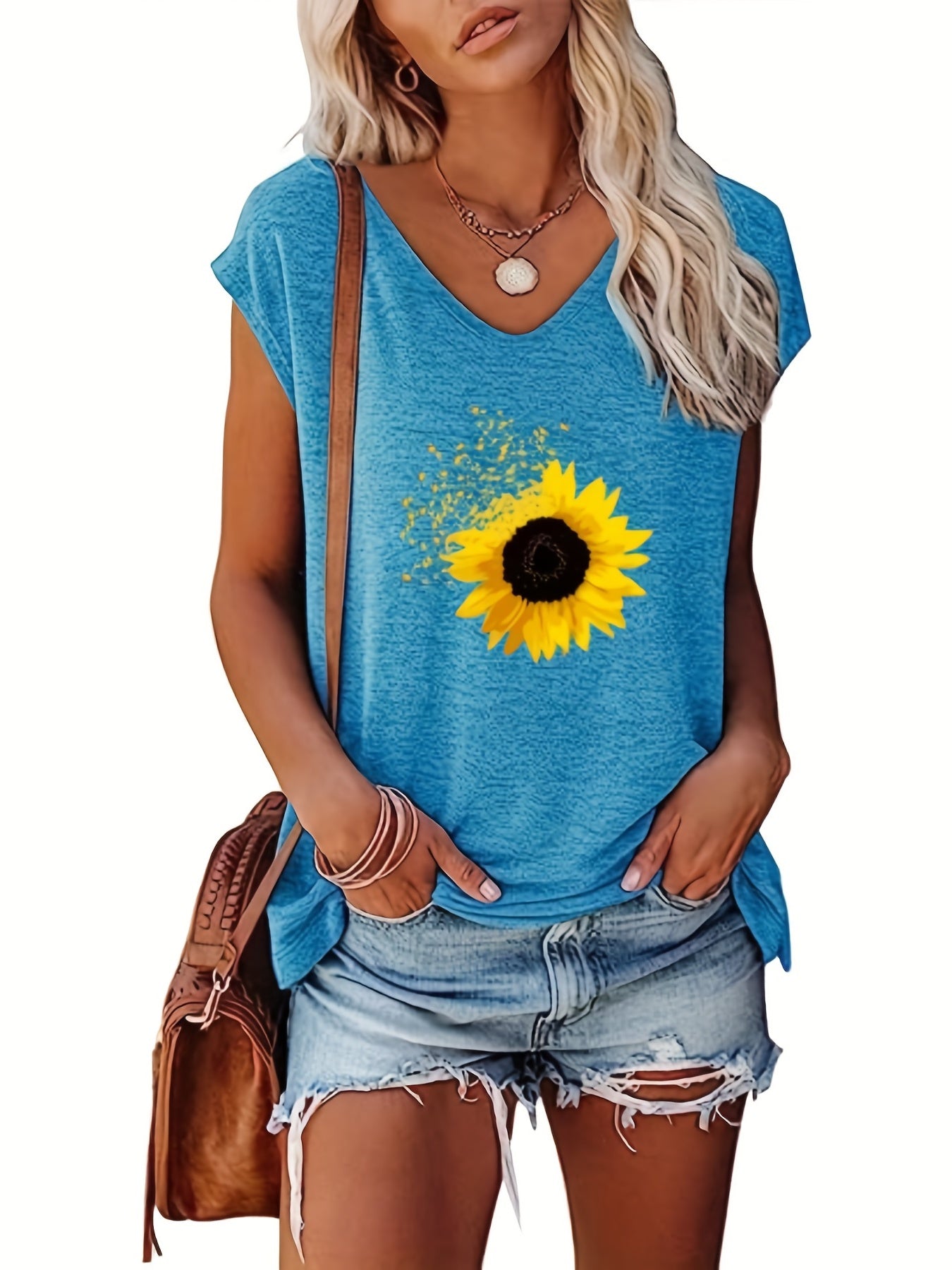 Sunflower Print Cap Sleeve Top V Neck Summer Top