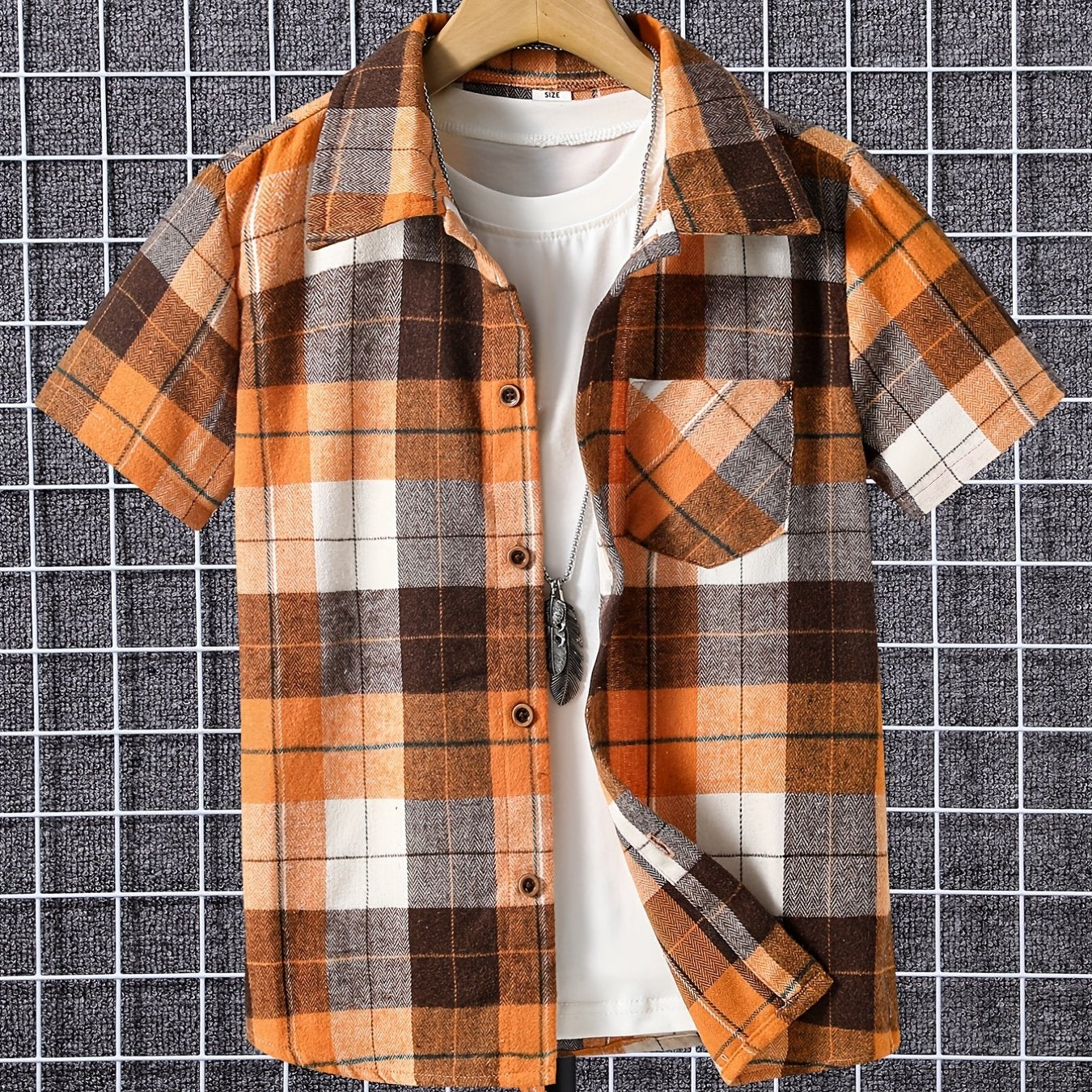 Boys Plaid Patched Short Sleeve Lapel Shirt